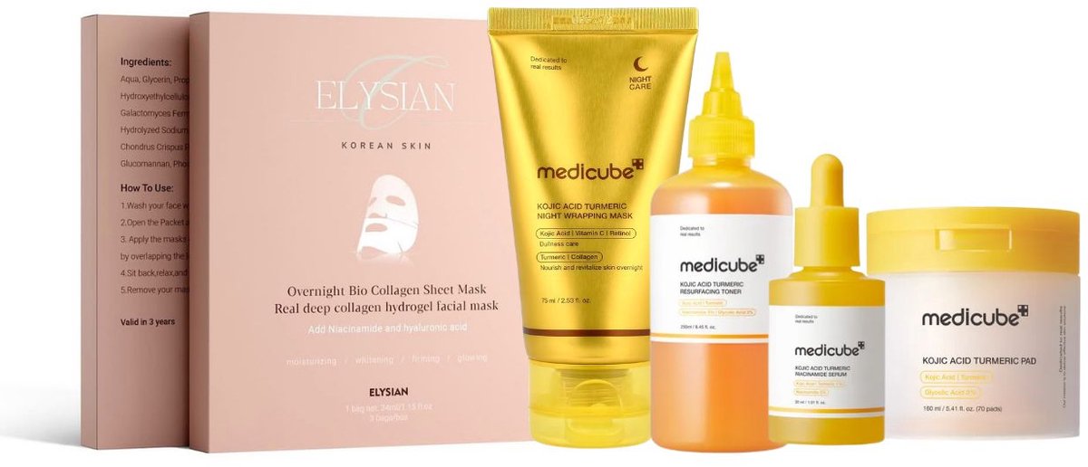 Medicube Kojic Acid Turmeric Skincare Set + Elysian Collageen Masker 3 st-Complete Glow & Acne Routine Koreanse Skincare Bundel