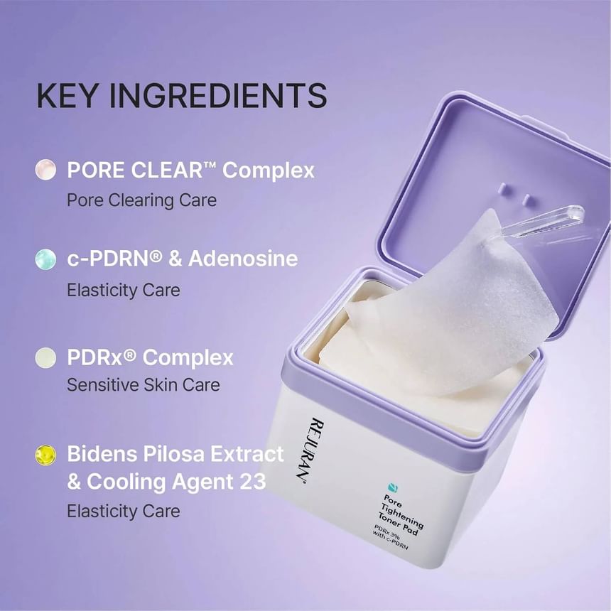 REJURAN Pore Tightening Toner Pad, Pdrx 3% met Dot C Pdrn Dagelijkse Porie Reiniging & Cooling Care Pads voor Olie Vochtbalans en gladder uitziende huid. 60 Count